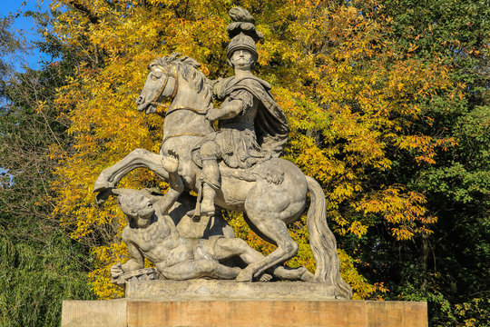 Historical Baroque sandstone equestrian monument to the great king and warrior Jan III Sobieski, defender of Christian Europe, created in 1788 for the anniversary of the Vienna battle