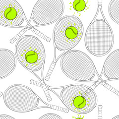 illustration of seamless pattern with tennis, rackets, ball. Hand drawn, drawing paper, design background, backdrop. Sport inventory for winner.