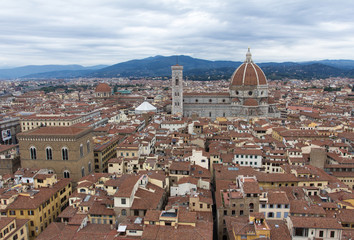 Fototapeta na wymiar Florence, Italy. Cattedrale di Santa Maria del Fiore. The main church. Il Duomo di Firenze. An aerial top-view