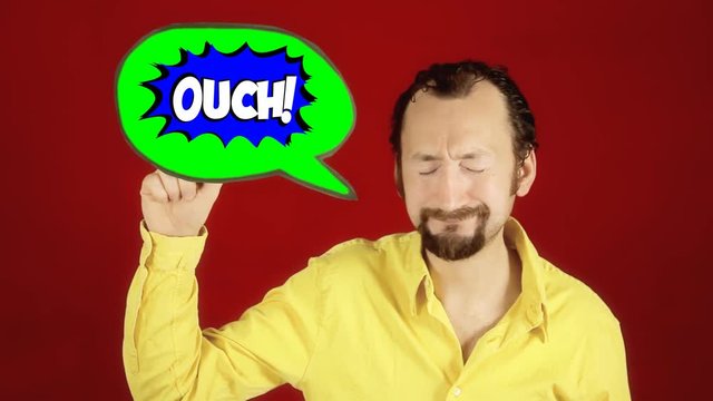 A funny man holding a cartoon ballon, thinking hard about a problem, finding a solution. Onomatopeic sound drawings appear in the box: bang, boom.

