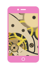 Smartphone with a vintage gear mechanism inside. Vector isolated object.