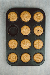 Fresh baked muffins in the pan, overhead shot