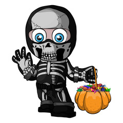 Vector illustration of a skeleton, a boy in a suit, a halloween costume, a child. Trick or treat