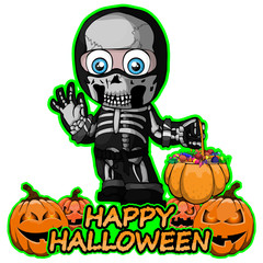 A boy in a suit  of a Skeleton wishes happy halloween.