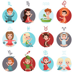 Adorable little kids wearing zodiac signs costumes set, twelve cute zodiac symbols cartoon vector Illustrations