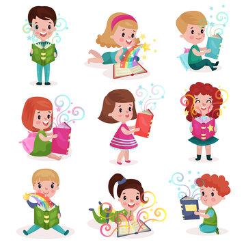 Cute little boys and girls reading fairytale books set, kids imagination concept colorful cartoon vector Illustrations