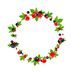 Black and red currant round frame isolated on white background. Vector high quality realistic illustration. Berries with leaves label for packaging design layout of juice or jam