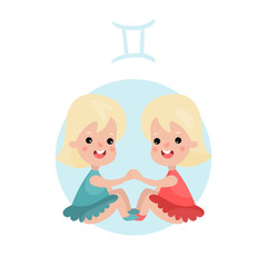 Cute little girl as Gemini astrological sign, horoscope zodiac character colorful cartoon vector Illustration