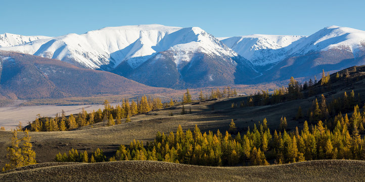 Panoramic view of the mountains of Altai-Chuya ridge, West Siberia, Russia.