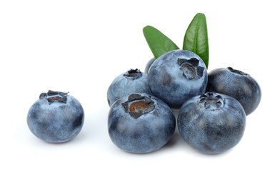 blueberries with green leaf isolated on white background