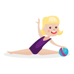 Cute blonde little girl performing gymnastic exercise, young gymnasts doing rhythmic gymnastics with ball colorful vector Illustration