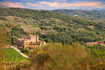 Fototapeta na wymiar Seggiano, Grosseto, Tuscany, Italy: landscape of the mountains with the castle of Potentino