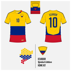 Naklejka premium Soccer jersey or football kit, template for Ecuador National Football Team. Front and back view soccer uniform. Flat football logo on Ecuador flag label and map in hexagon pattern. Vector.