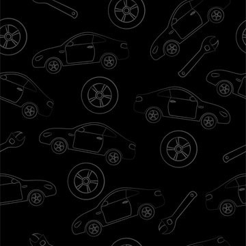 Car service. Seamless texture on a black background.