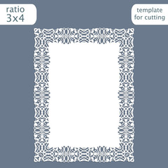 Laser cut wedding invitation card template with openwork border.  Cut out the paper card with lace pattern.  Greeting card template for cutting plotter. Vector.