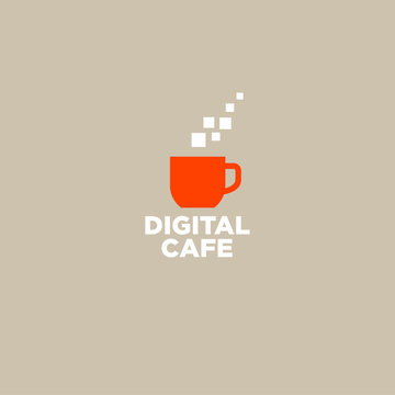 Digital Cafe Logo. Pixel Cafe Logo. An Orange Cup And A Pair Of Pixels.