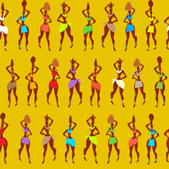 African pattern, a cheerful pattern with people. Multicolored woman on a yellow background.