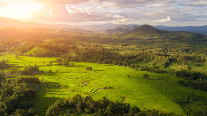 Obraz premium Top view of village houses and rice fields in Nan, Thailand.