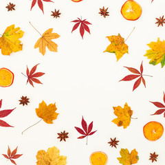 Round frame composition of autumn maple leaves, dried orange and stars on white background. Flat lay, top view.