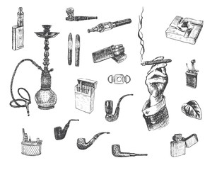 Set of vintage smoking tobacco elements. Hookah, lighter, cigarette, cigar, guillotines, ashtray, pipe, leaf, mouthpiece, vape accessories. Hand Drawn Vector engraved illustration