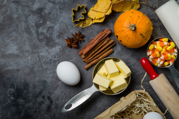 Thanksgiving concept - baking ingredients and symbols