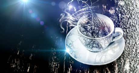 Winter Background. Conceptual Photo Collage with Cup of Coffee.