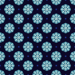 Seamless blue background with decorative snowflakes. Scribble texture. Textile rapport.