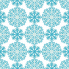Seamless blue background with decorative snowflakes. Scribble texture. Textile rapport.