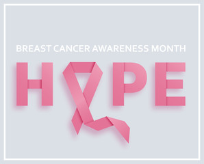 Breast cancer awareness month background with pink ribbon and text hope. Vector illustration