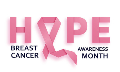 Breast cancer awareness month background with pink ribbon and text hope. Vector illustration