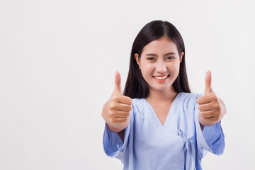 injured woman patient pointing thumb up hand gesture