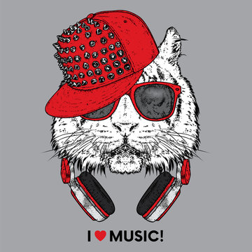 Tiger in glasses, a cap and headphones. Vector illustration. The animal is a hipster. Music, fashion and style. Print on clothes, postcard and printed products.