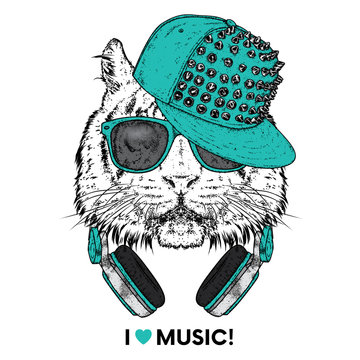 Tiger in glasses, a cap and headphones. Vector illustration. The animal is a hipster. Music, fashion and style. Print on clothes, postcard and printed products.