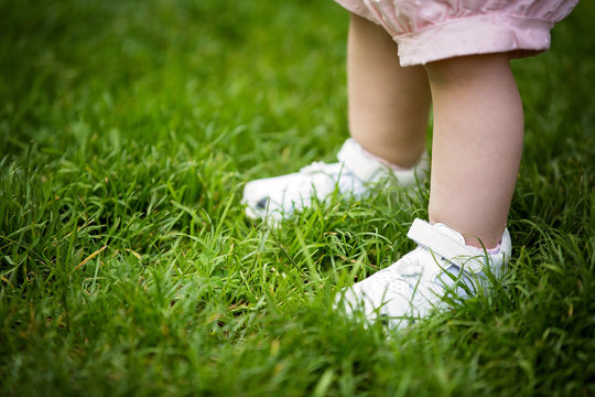 Baby's legs on the grass - first baby steps