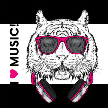 Tiger in glasses and headphones. Vector illustration. The animal is a hipster. Music, fashion and style. Print on clothes, postcard and printed products.