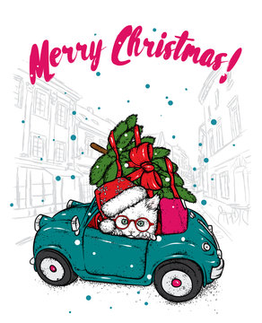 Funny cat in a retro car with a Christmas tree on the roof. Vector illustration. New Year's and Christmas. Cute kitten.