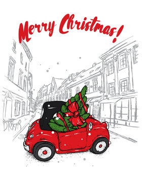 Retro car with a Christmas tree on the roof. Vector illustration. New Year's and Christmas.