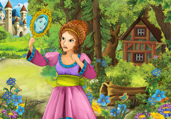 cartoon princess or sorceress - beautiful woman looking at the mirror / illustration for children