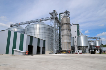 Agricultural Silos. Metal grain facility with silos.
