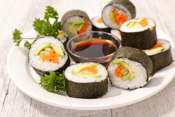 sushi and soy sauce