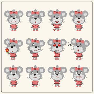 Collection emoticons of isolated girls mouse in cartoon style. Set of charming little mouse girl in various poses.