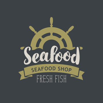 Vector emblem or banner for seafood shop with a ship helm, wave and words fresh fish on the dark background in retro style.