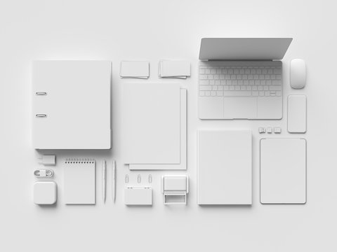 White Stationery & Branding Mockup . Office Supplies, Gadgets. 3D Illustration