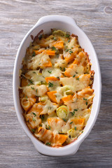 Pumpkin Gratin with leek, thyme and cheese on a gray background, selective focus
