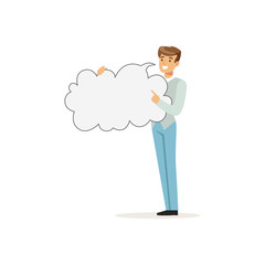 Smiling man character with empty message board, speech cloud vector Illustration