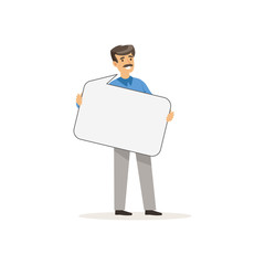 Businessman character with empty message board, speech bubble vector Illustration