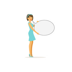 Beautiful brunette woman character with empty message board, speech bubble vector Illustration