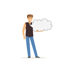 Smiling man character in casual clothes holding empty message board, speech cloud vector Illustration