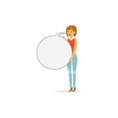 Beautiful woman character with empty round message board, speech bubble vector Illustration