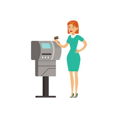 Woman using payment terminal with credit card, people carrying out operations with terminal vector Illustration